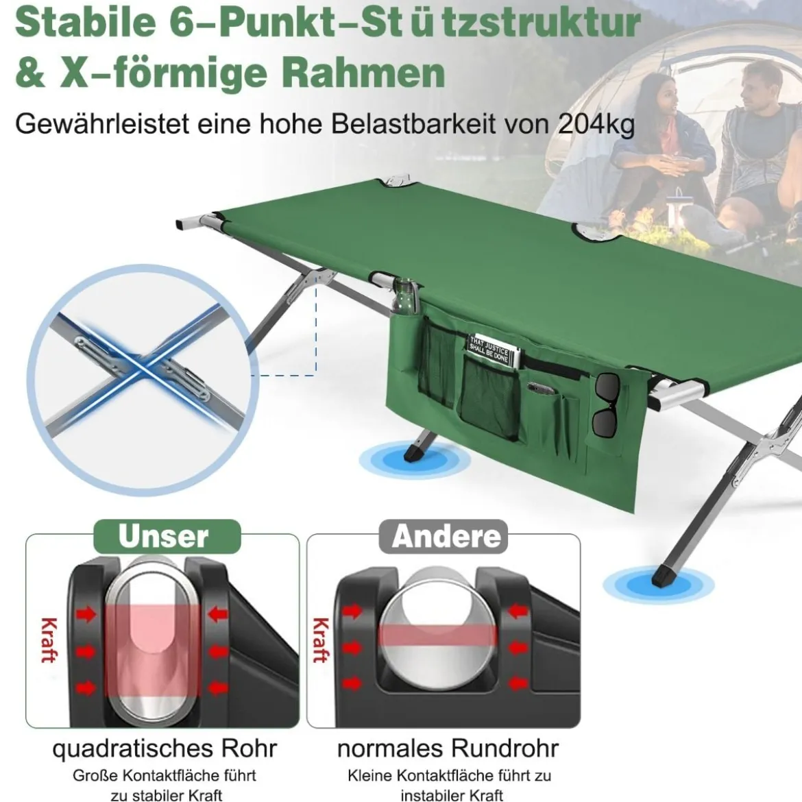 Campingbett Feldbett klappbares Campingbett Einzelbett Faltbett mit Seitentasche 190 x 73 x 42cm Grün