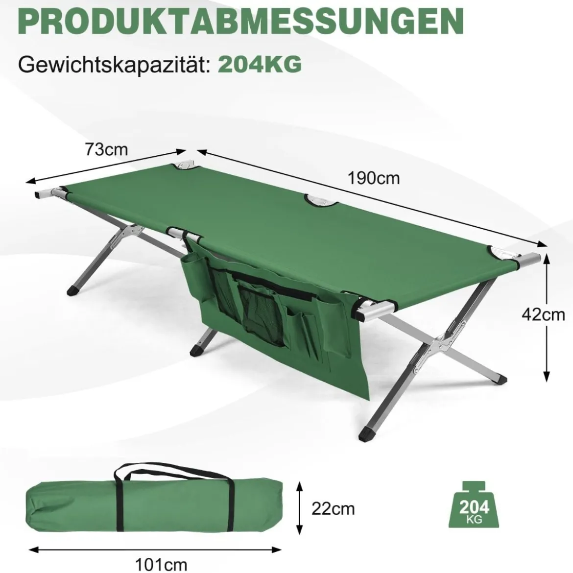 Campingbett Feldbett klappbares Campingbett Einzelbett Faltbett mit Seitentasche 190 x 73 x 42cm Grün