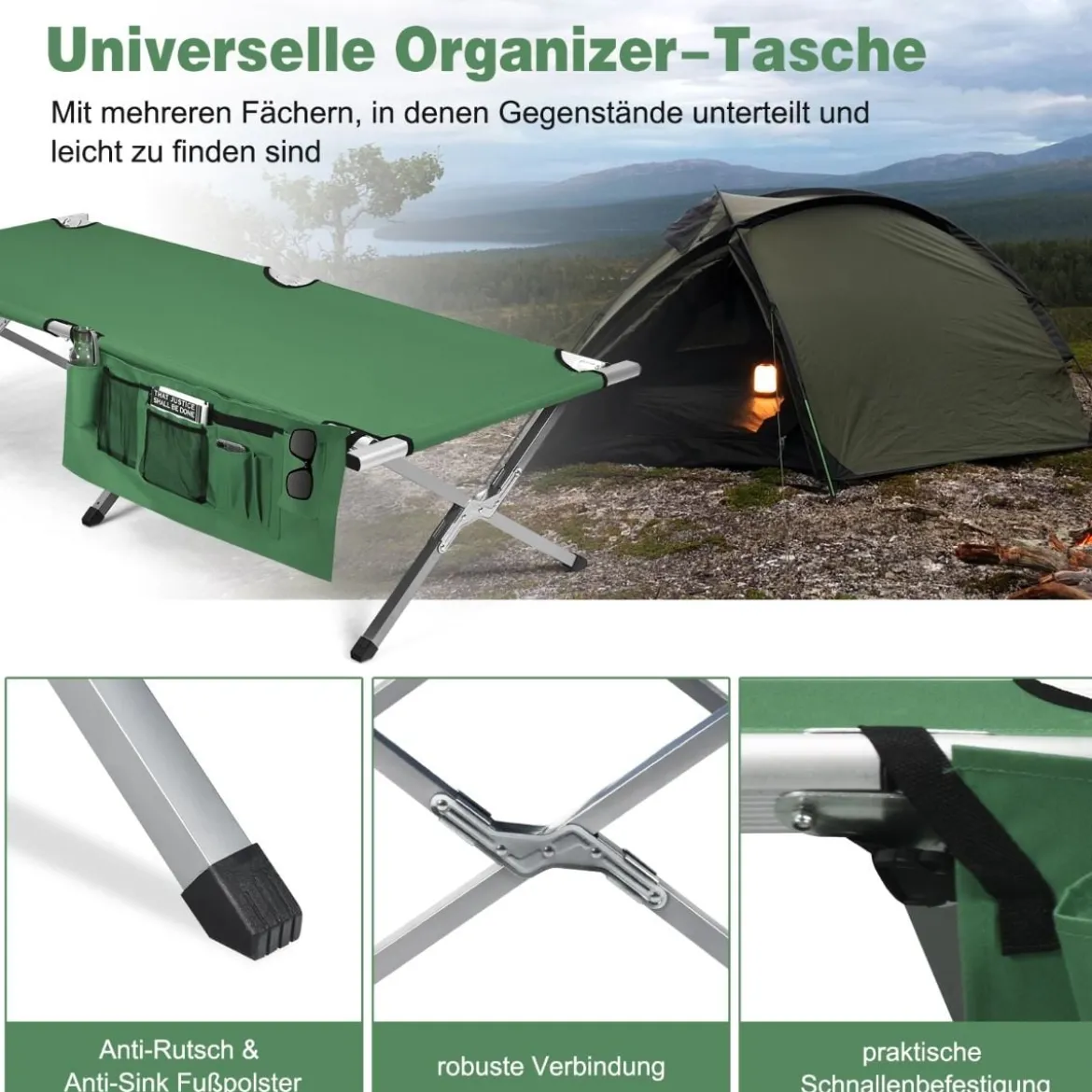 Campingbett Feldbett klappbares Campingbett Einzelbett Faltbett mit Seitentasche 190 x 73 x 42cm Grün