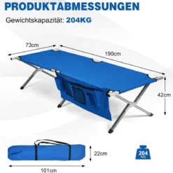 Campingbett Feldbett Klappbett Liege Bett Campingliege bis 204 kg belastbar 190 x 73 x 42cm Blau