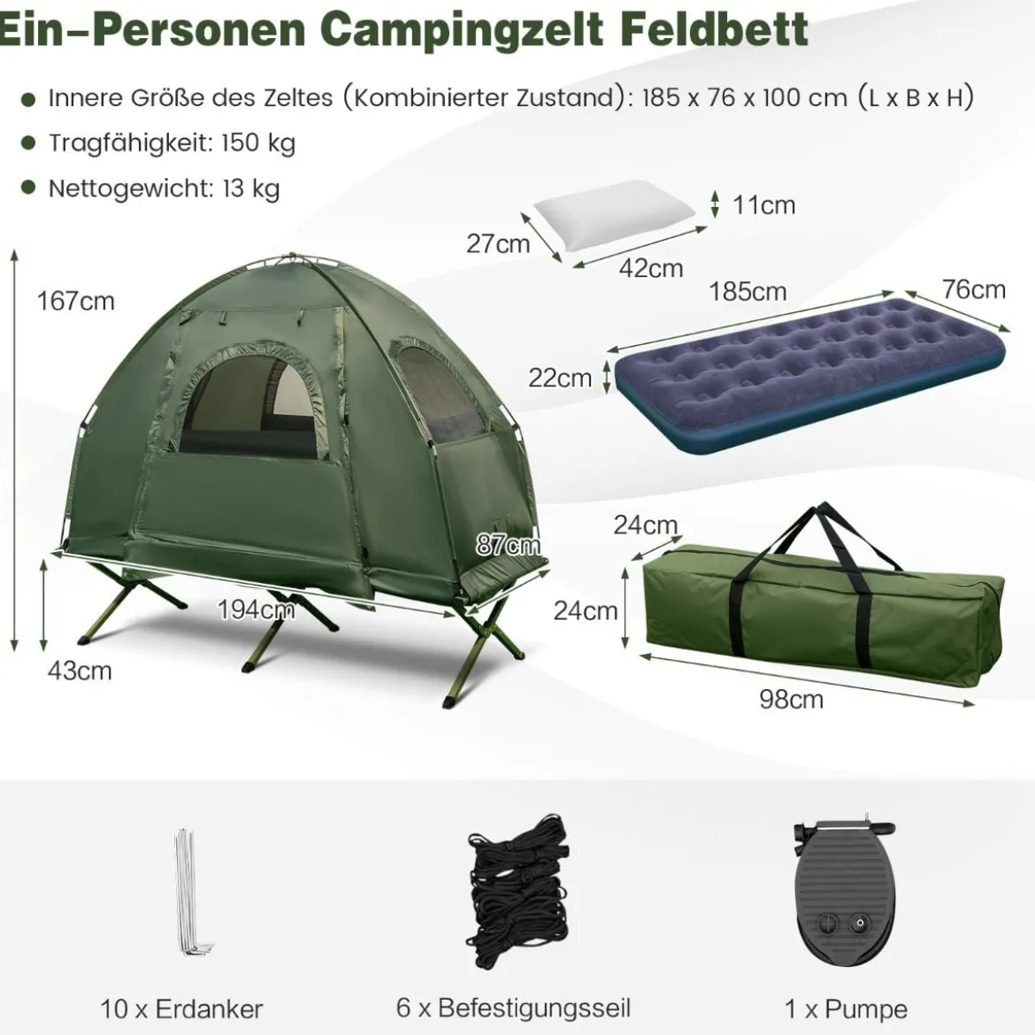 Campingbett mit Vorzelt & Luftmatratze & Schlafsack & Kissen Campingliege mit Tragetasche