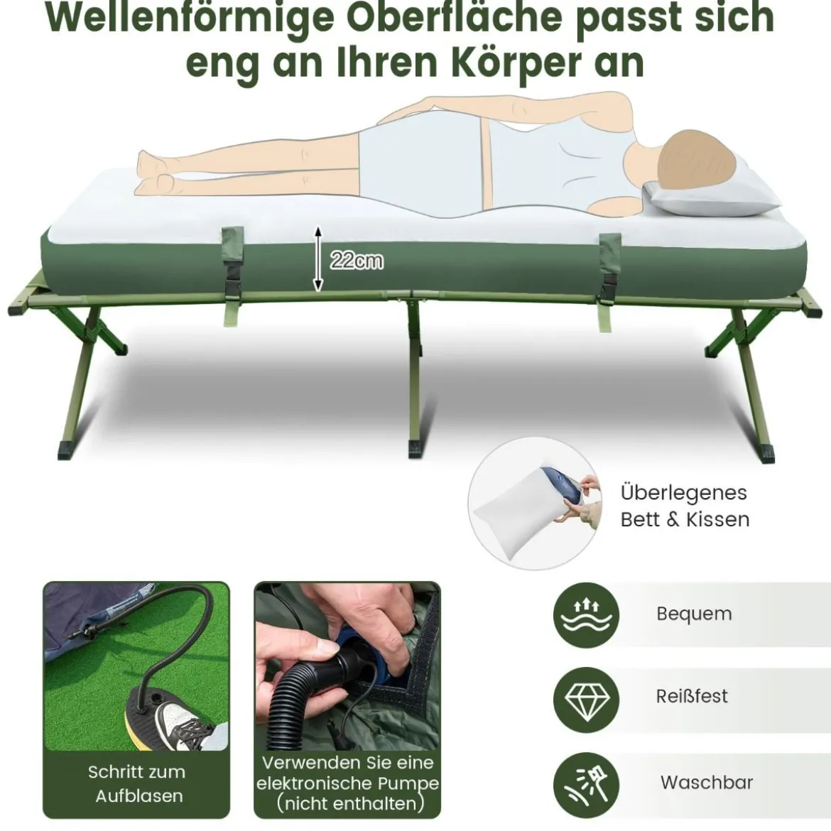 Campingbett mit Vorzelt & Luftmatratze & Schlafsack & Kissen Campingliege mit Tragetasche