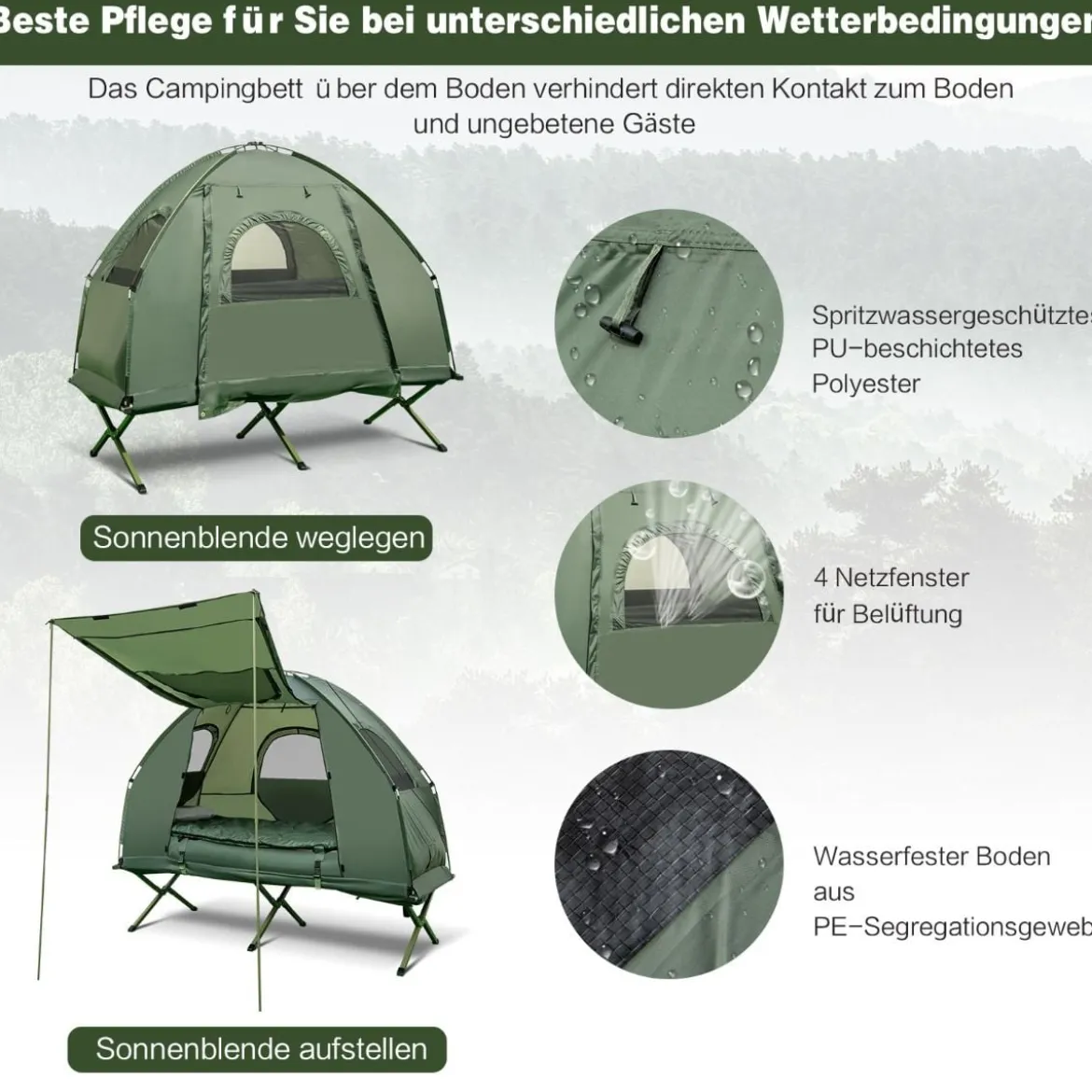 Campingbett mit Vorzelt & Luftmatratze & Schlafsack & Kissen Campingliege mit Tragetasche