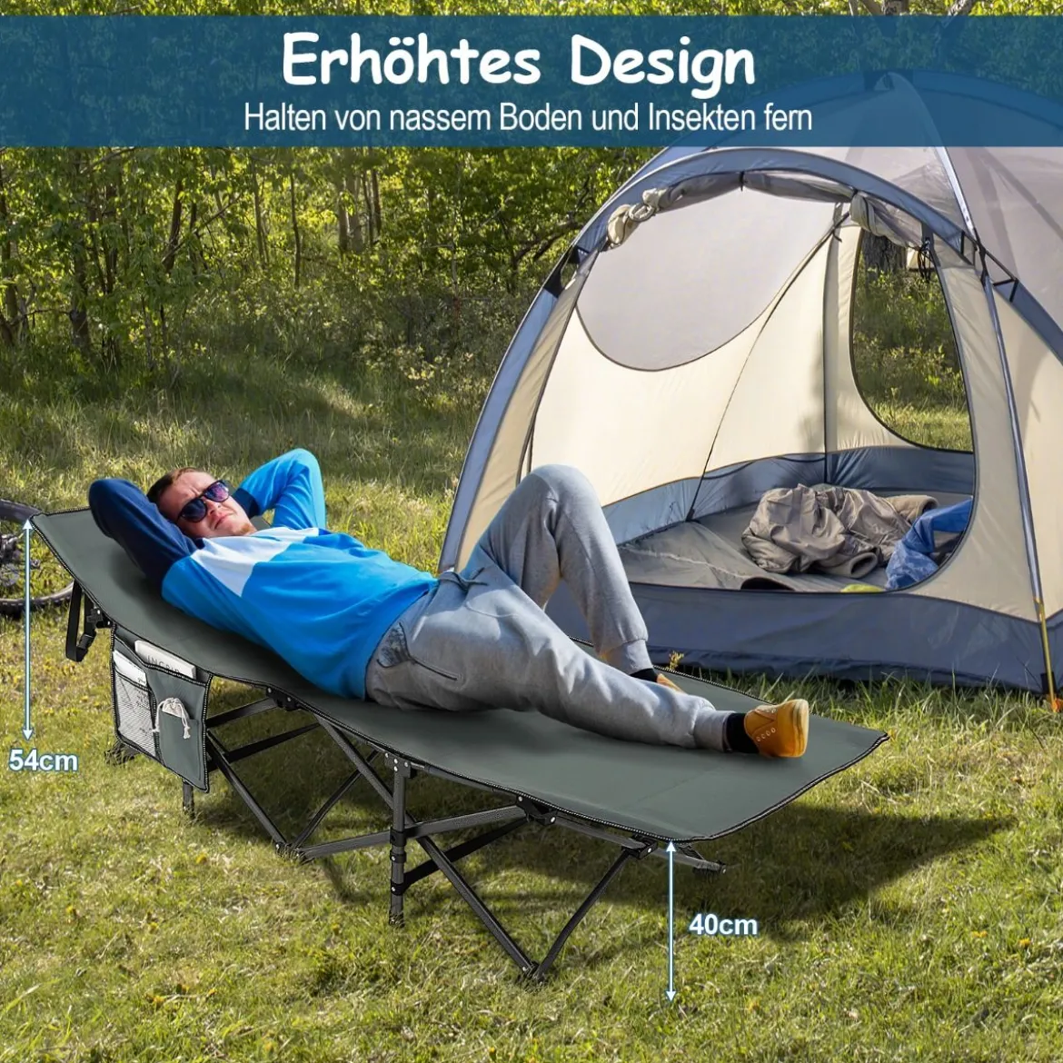 Campingbett Strapazierfähiges Reisebett mit Kopfstütze 190 x 70 x 54 cm Blau