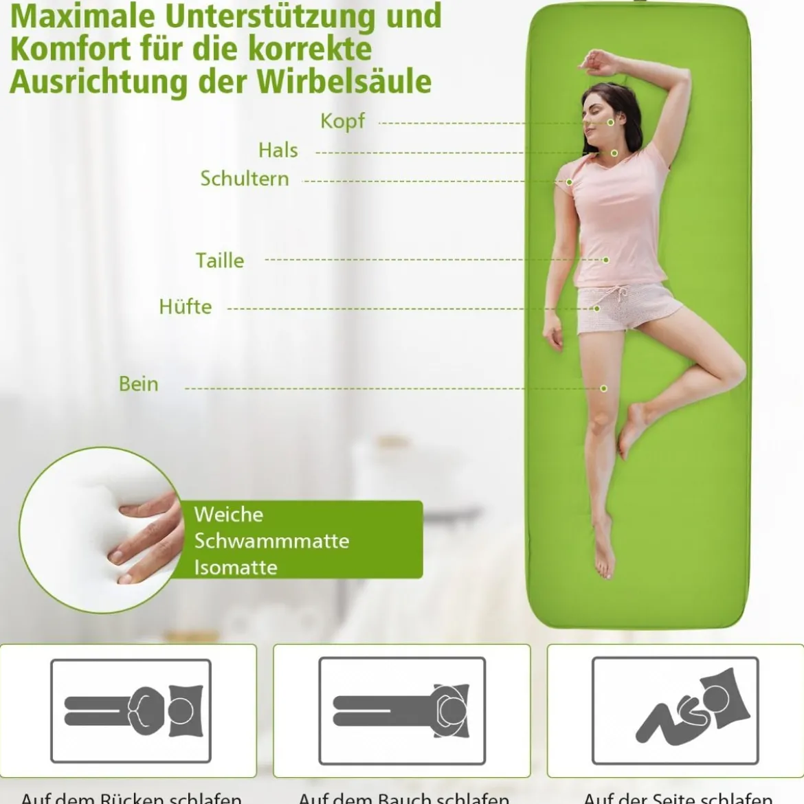 Camping Isomatte Schlafmatte inklusive Tragetasche 10 cm Dick Grün