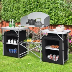 Campingküche 4 Fächer & 3 Bretter Reiseküche Campingschrank Stoffschrank Faltschrank Küchenbox Alu mit Tragetasche