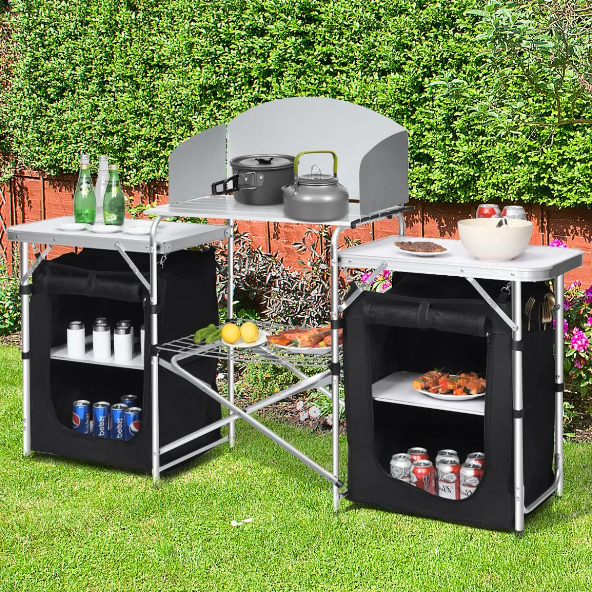 Campingküche 4 Fächer & 3 Bretter Reiseküche Campingschrank Stoffschrank Faltschrank Küchenbox Alu mit Tragetasche