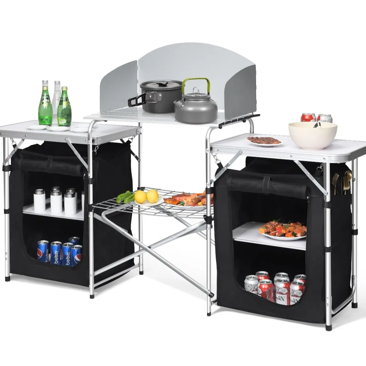 Campingküche 4 Fächer & 3 Bretter Reiseküche Campingschrank Stoffschrank Faltschrank Küchenbox Alu mit Tragetasche