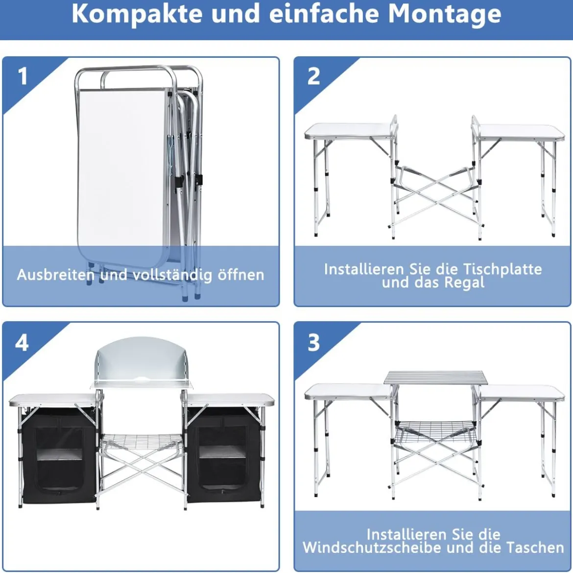 Campingküche 4 Fächer & 3 Bretter Reiseküche Campingschrank Stoffschrank Faltschrank Küchenbox Alu mit Tragetasche