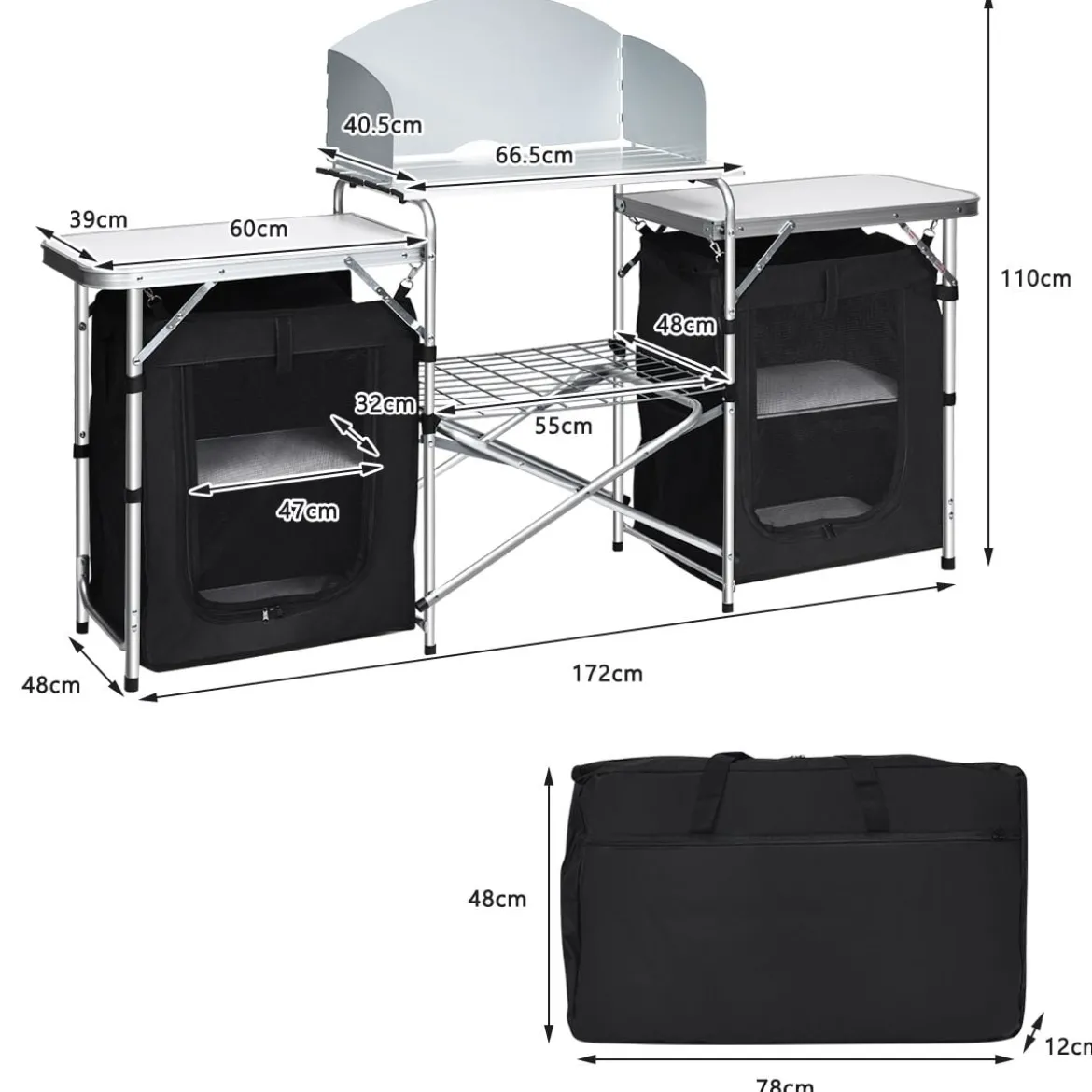 Campingküche 4 Fächer & 3 Bretter Reiseküche Campingschrank Stoffschrank Faltschrank Küchenbox Alu mit Tragetasche