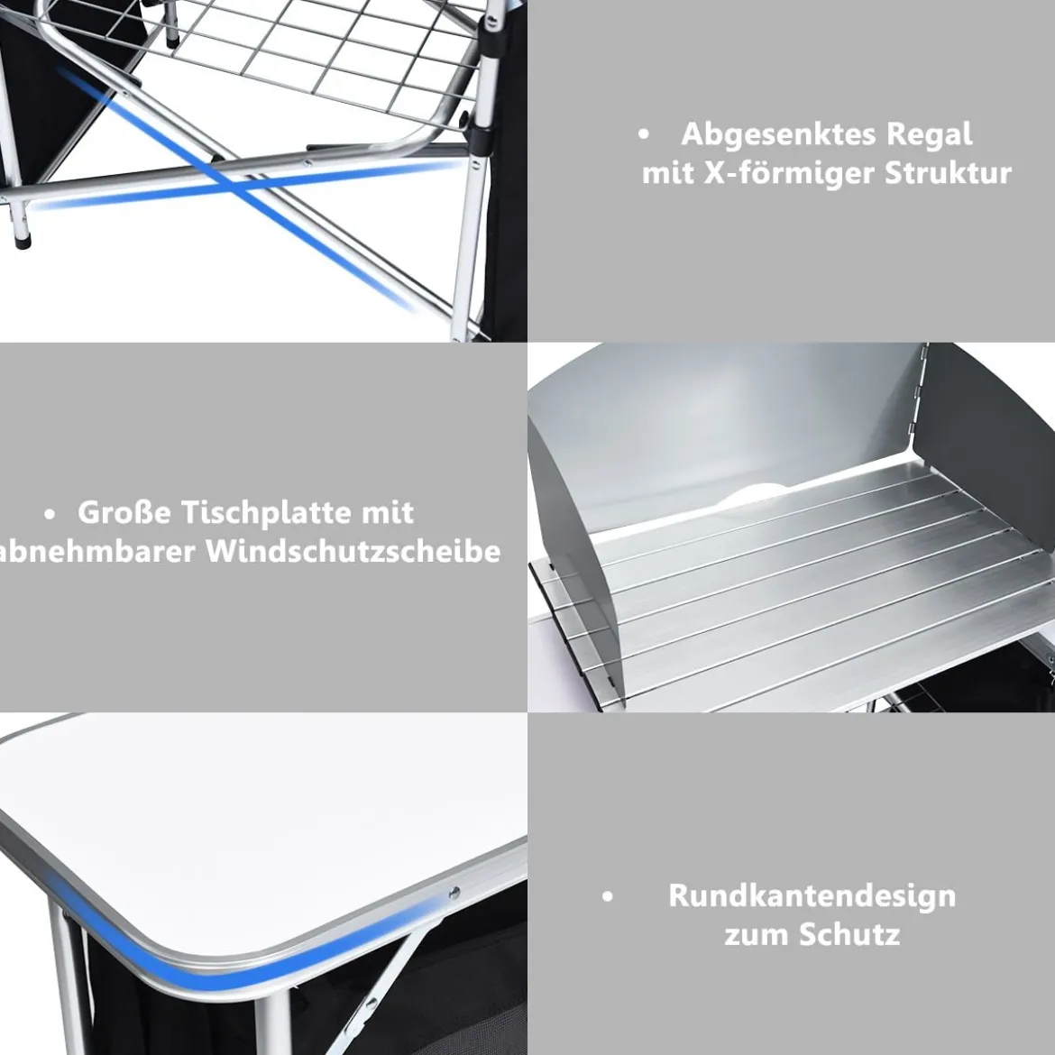 Campingküche 4 Fächer & 3 Bretter Reiseküche Campingschrank Stoffschrank Faltschrank Küchenbox Alu mit Tragetasche