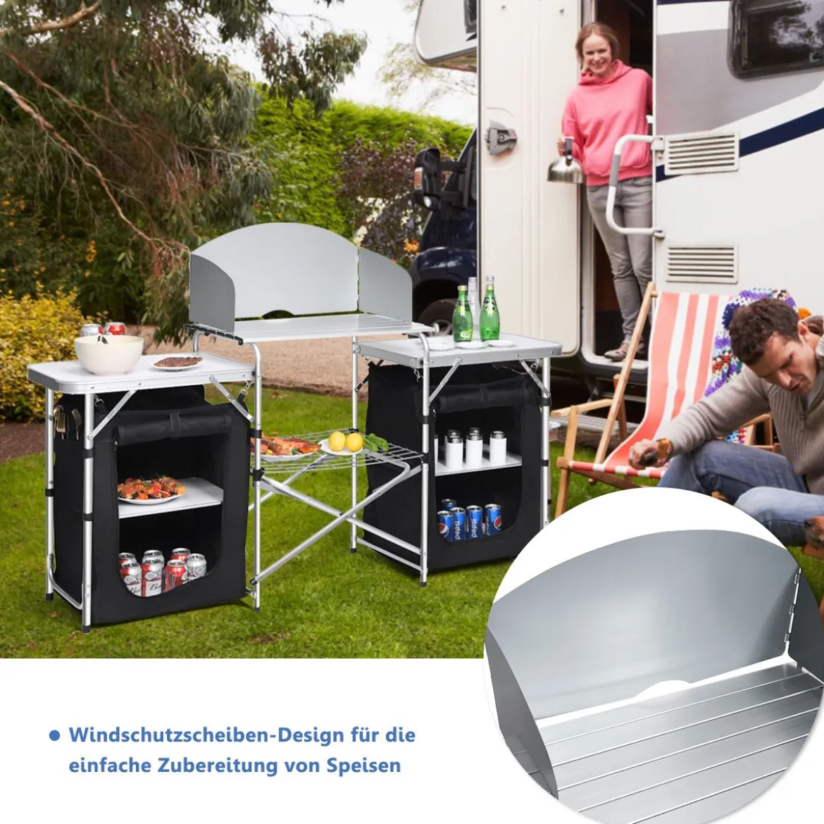 Campingküche 4 Fächer & 3 Bretter Reiseküche Campingschrank Stoffschrank Faltschrank Küchenbox Alu mit Tragetasche