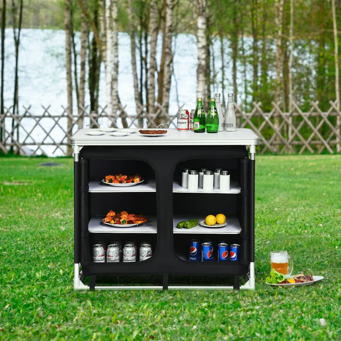 Campingküche 6 Fächer & 1 Bretter Reiseküche Faltschrank Outdoor Camping Kochtisch Alu mit Tragetasche