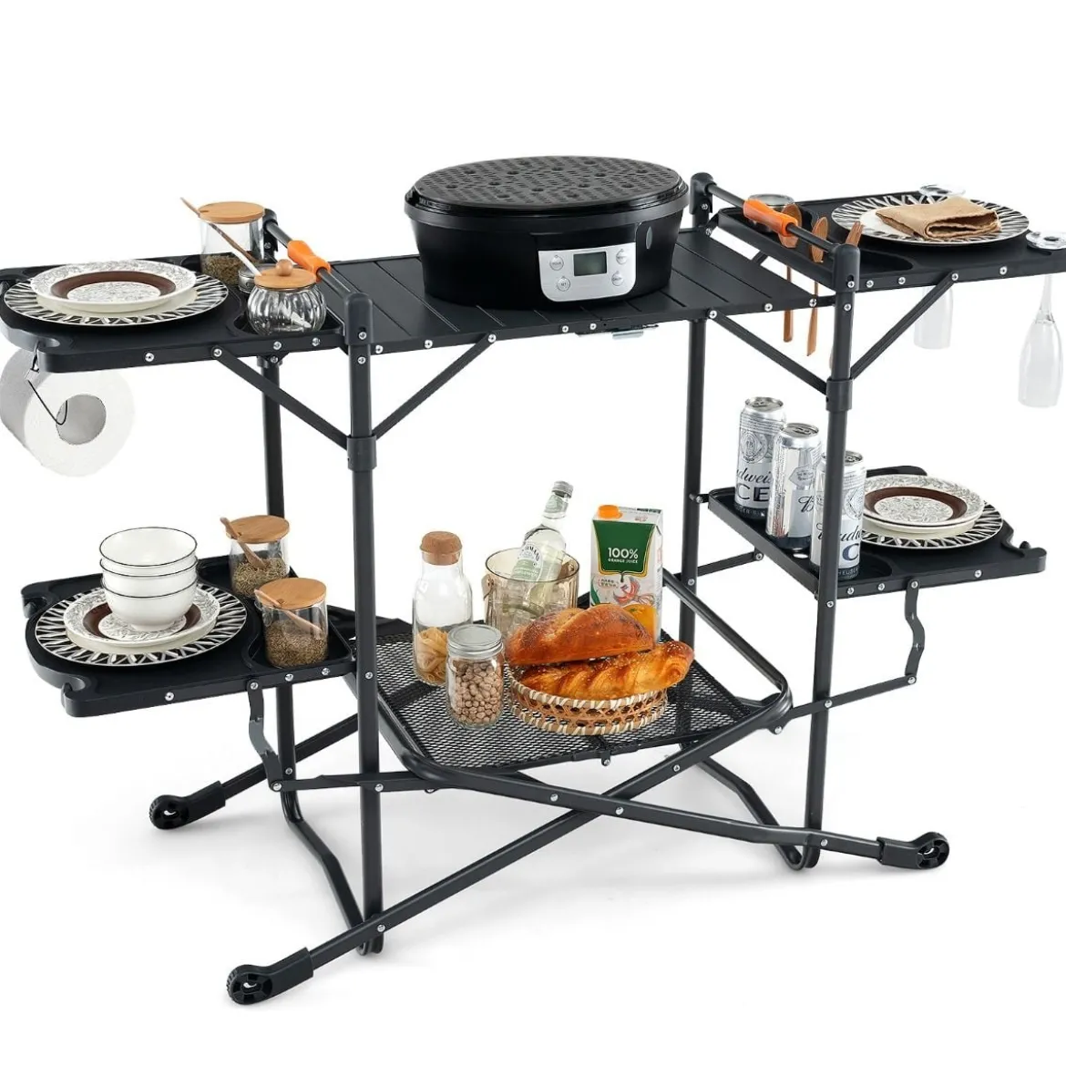 Campingküche klappbar Reiseküche mit Aluminium-Tischplatte Camping Küche 135 x 54 x 88 cm Schwarz