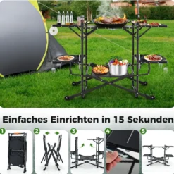 Campingküche klappbar Reiseküche mit Aluminium-Tischplatte Camping Küche 135 x 54 x 88 cm Schwarz