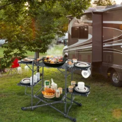 Campingküche klappbar Reiseküche mit Aluminium-Tischplatte Camping Küche 135 x 54 x 88 cm Schwarz