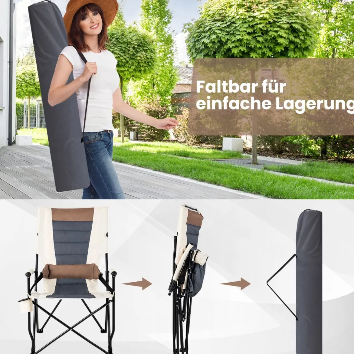 Camping-Klappstuhl Gepolsterter Gartenstuhl mit Getränkehalter 63 x 72 x 102 cm Braun + Weiß