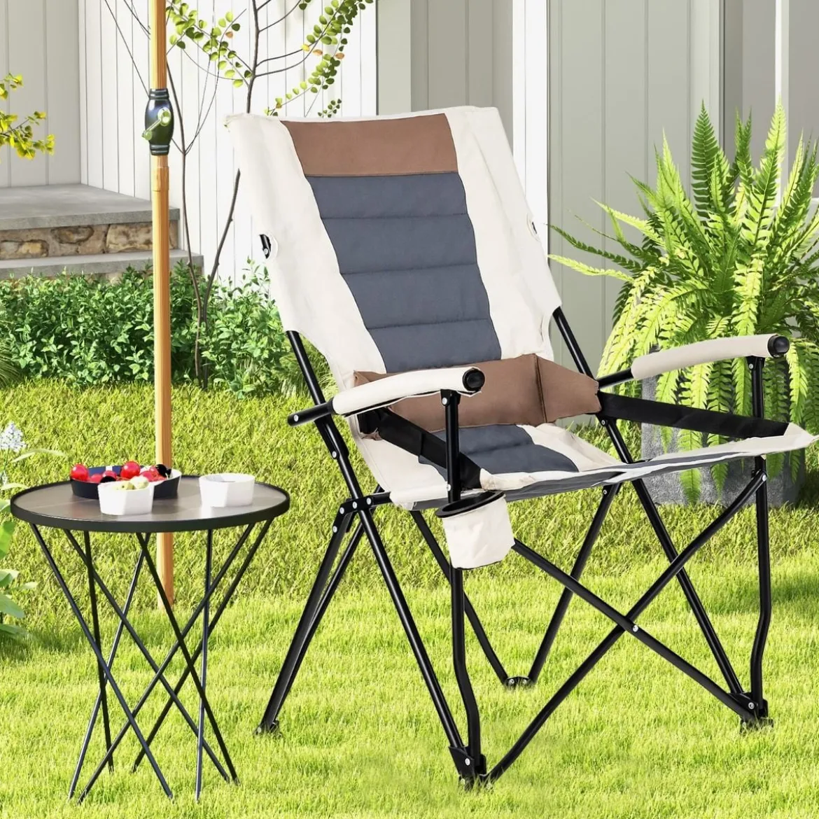 Camping-Klappstuhl Gepolsterter Gartenstuhl mit Getränkehalter 63 x 72 x 102 cm Braun + Weiß