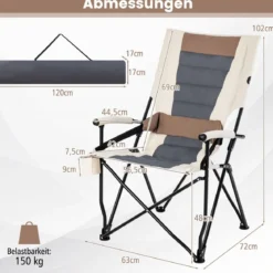 Camping-Klappstuhl Gepolsterter Gartenstuhl mit Getränkehalter 63 x 72 x 102 cm Braun + Weiß