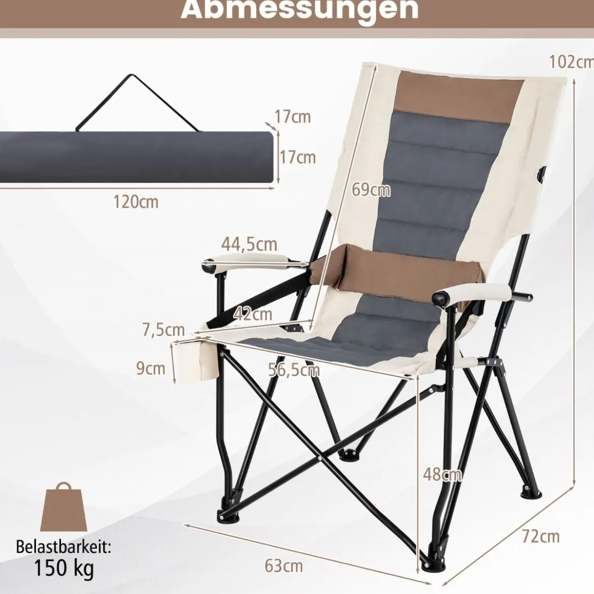 Camping-Klappstuhl Gepolsterter Gartenstuhl mit Getränkehalter 63 x 72 x 102 cm Braun + Weiß