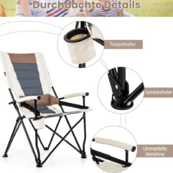 Camping-Klappstuhl Gepolsterter Gartenstuhl mit Getränkehalter 63 x 72 x 102 cm Braun + Weiß