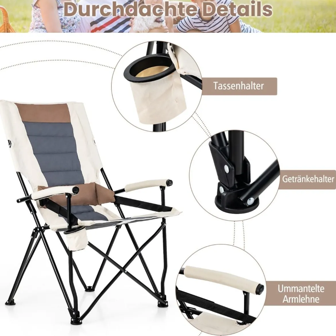 Camping-Klappstuhl Gepolsterter Gartenstuhl mit Getränkehalter 63 x 72 x 102 cm Braun + Weiß