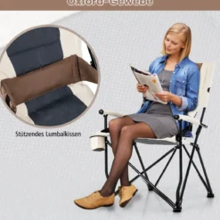 Camping-Klappstuhl Gepolsterter Gartenstuhl mit Getränkehalter 63 x 72 x 102 cm Braun + Weiß