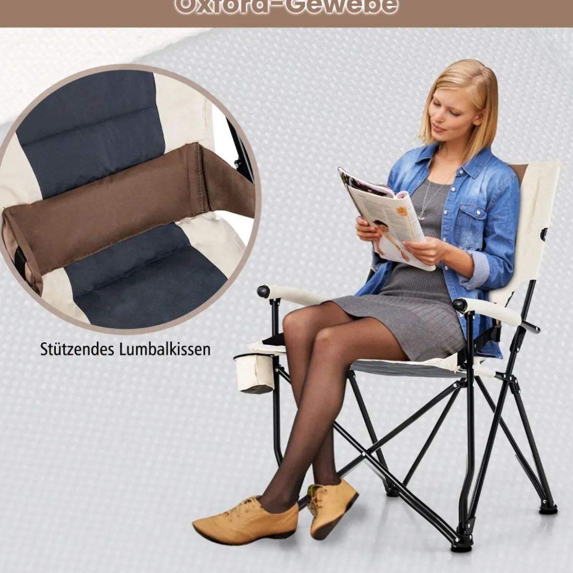 Camping-Klappstuhl Gepolsterter Gartenstuhl mit Getränkehalter 63 x 72 x 102 cm Braun + Weiß