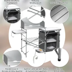 Campingschrank faltbar Campingküche mit Windschutz & Aufbewahrungstasche tragbarer Camping Faltschrank Aluminiumgestell Grau