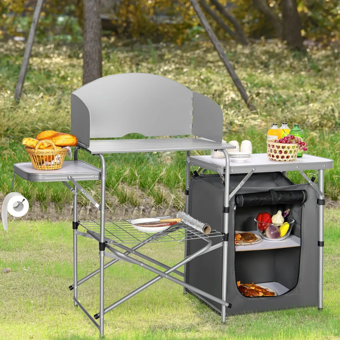 Campingschrank faltbar Campingküche mit Windschutz & Aufbewahrungstasche tragbarer Camping Faltschrank Aluminiumgestell Grau