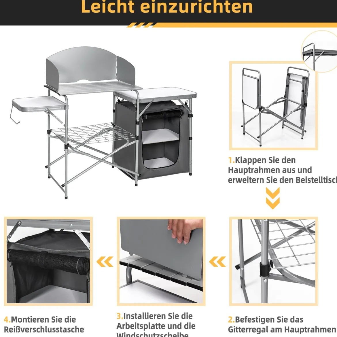 Campingschrank faltbar Campingküche mit Windschutz & Aufbewahrungstasche tragbarer Camping Faltschrank Aluminiumgestell Grau
