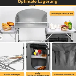 Campingschrank faltbar Campingküche mit Windschutz & Aufbewahrungstasche tragbarer Camping Faltschrank Aluminiumgestell Grau