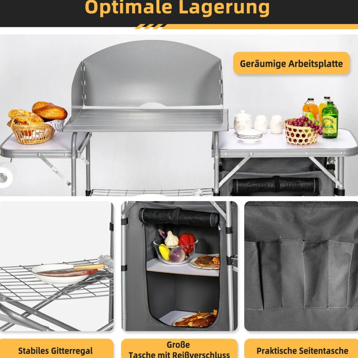 Campingschrank faltbar Campingküche mit Windschutz & Aufbewahrungstasche tragbarer Camping Faltschrank Aluminiumgestell Grau