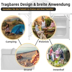 Campingschrank faltbar Campingküche mit Windschutz & Aufbewahrungstasche tragbarer Camping Faltschrank Aluminiumgestell Grau