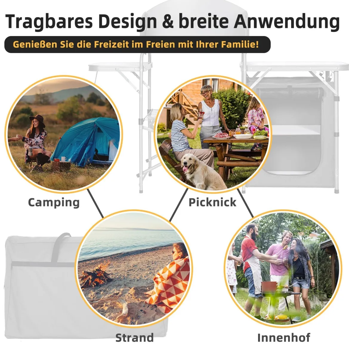 Campingschrank faltbar Campingküche mit Windschutz & Aufbewahrungstasche tragbarer Camping Faltschrank Aluminiumgestell Grau