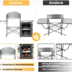 Campingschrank faltbar Campingküche mit Windschutz & Aufbewahrungstasche tragbarer Camping Faltschrank Aluminiumgestell Grau