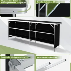 Campingschrank faltbar tragbare Campingküche mit 2-stöckigen Regalen 206 x 38 x 83 cm Schwarz
