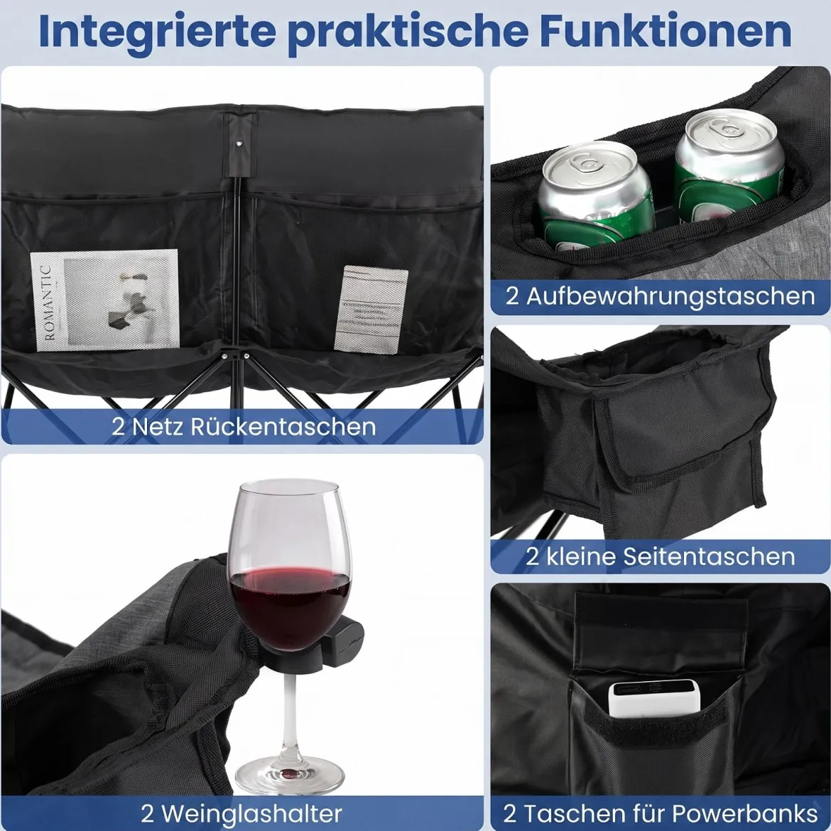 Campingstuhl Beheizter Doppel Klappstuhl mit 3 Heizstufen & 4 Heizzonen Gepolsterter Angelstuhl Schwarz