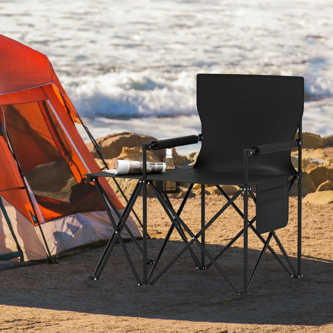 Campingstuhl faltbar 2er Set Klappstuhl mit Seitentisch Becherhalter & Seitentasche Schwarz