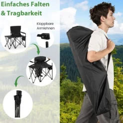 Campingstuhl faltbar 2er Set Klappstuhl mit Seitentisch Becherhalter & Seitentasche Schwarz