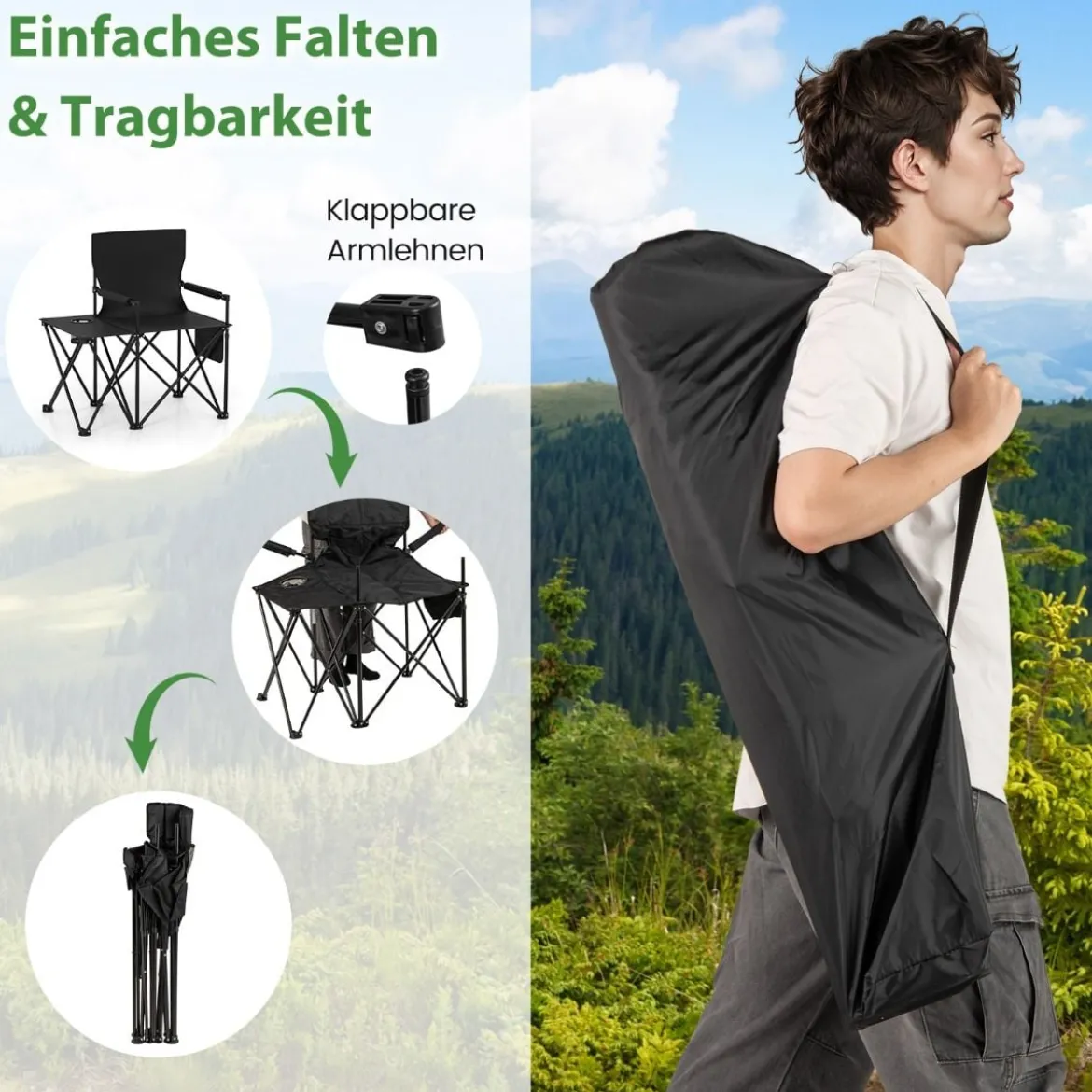 Campingstuhl faltbar 2er Set Klappstuhl mit Seitentisch Becherhalter & Seitentasche Schwarz