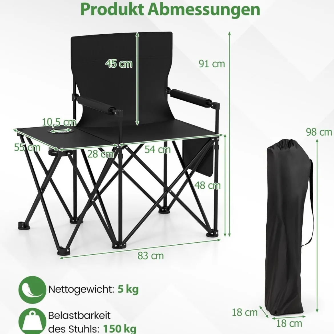 Campingstuhl faltbar 2er Set Klappstuhl mit Seitentisch Becherhalter & Seitentasche Schwarz