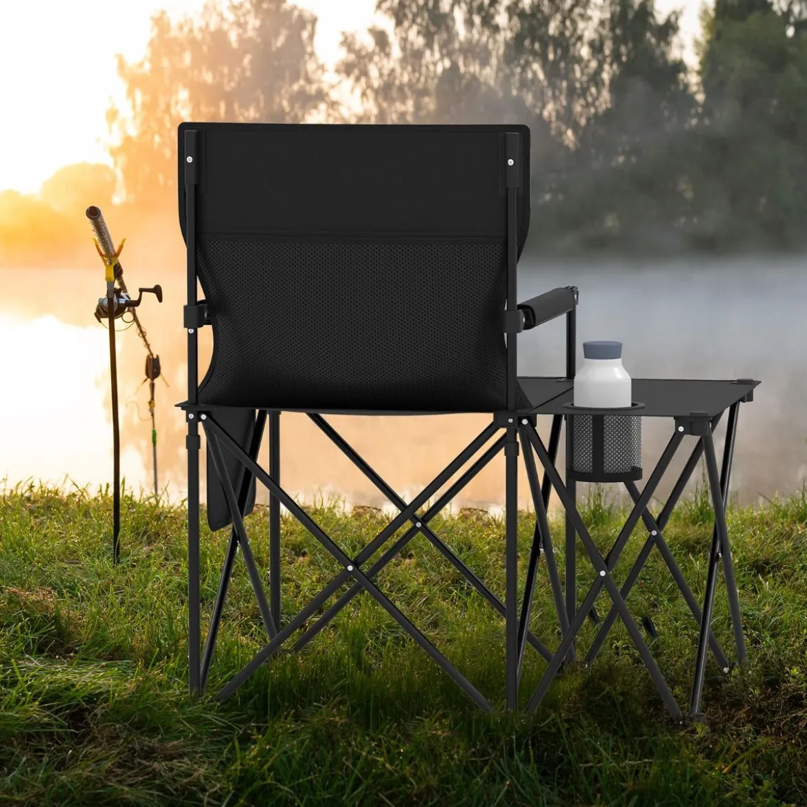 Campingstuhl faltbar 2er Set Klappstuhl mit Seitentisch Becherhalter & Seitentasche Schwarz