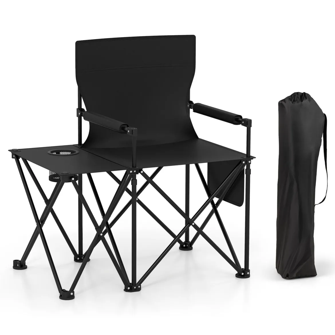 Campingstuhl faltbar 2er Set Klappstuhl mit Seitentisch Becherhalter & Seitentasche Schwarz