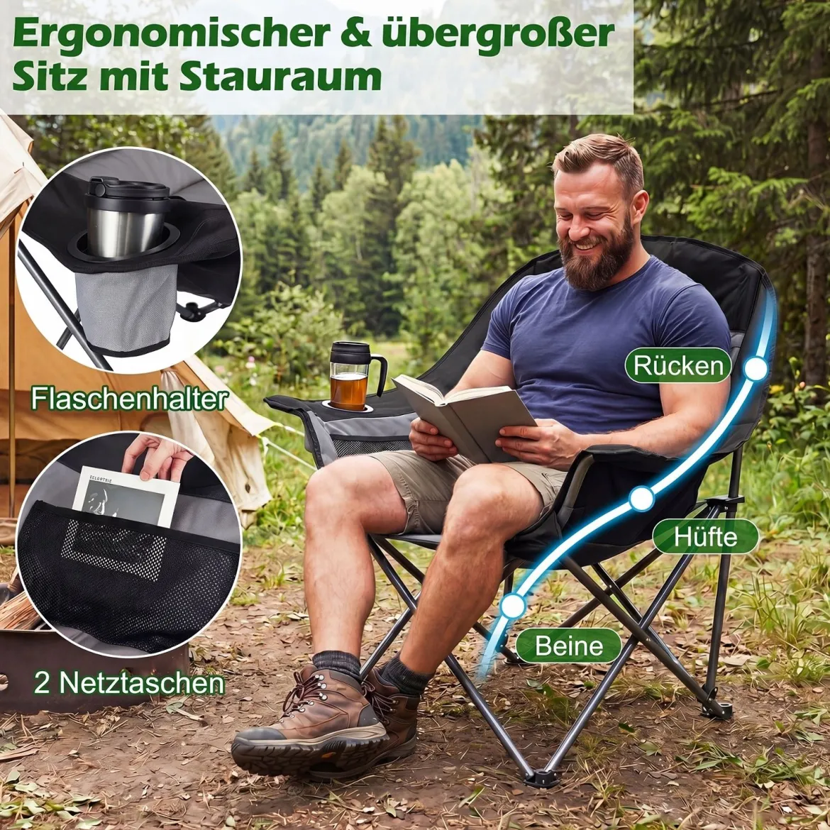 Campingstuhl Faltbar Gepolsterter Klappstuhl mit Getränkehalter Blastbar bis 225 kg Blau/Grau