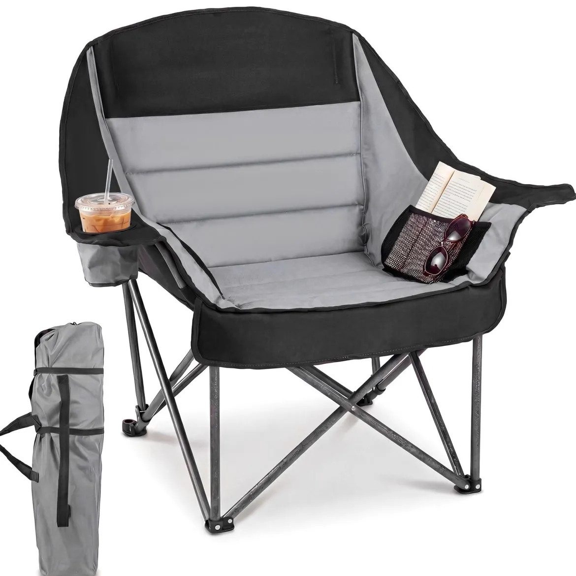 Campingstuhl Faltbar Gepolsterter Klappstuhl mit Getränkehalter Blastbar bis 225 kg Blau/Grau