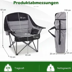 Campingstuhl Faltbar Gepolsterter Klappstuhl mit Getränkehalter Blastbar bis 225 kg Blau/Grau