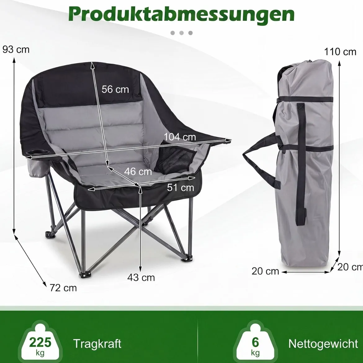 Campingstuhl Faltbar Gepolsterter Klappstuhl mit Getränkehalter Blastbar bis 225 kg Blau/Grau