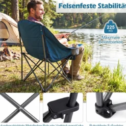 Campingstuhl Faltbar Gepolsterter Klappstuhl mit Getränkehalter Blastbar bis 225 kg Blau/Grau