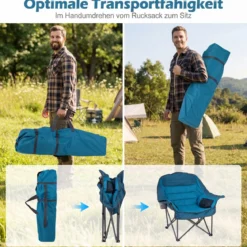 Campingstuhl Faltbar Gepolsterter Klappstuhl mit Getränkehalter Blastbar bis 225 kg Blau/Grau
